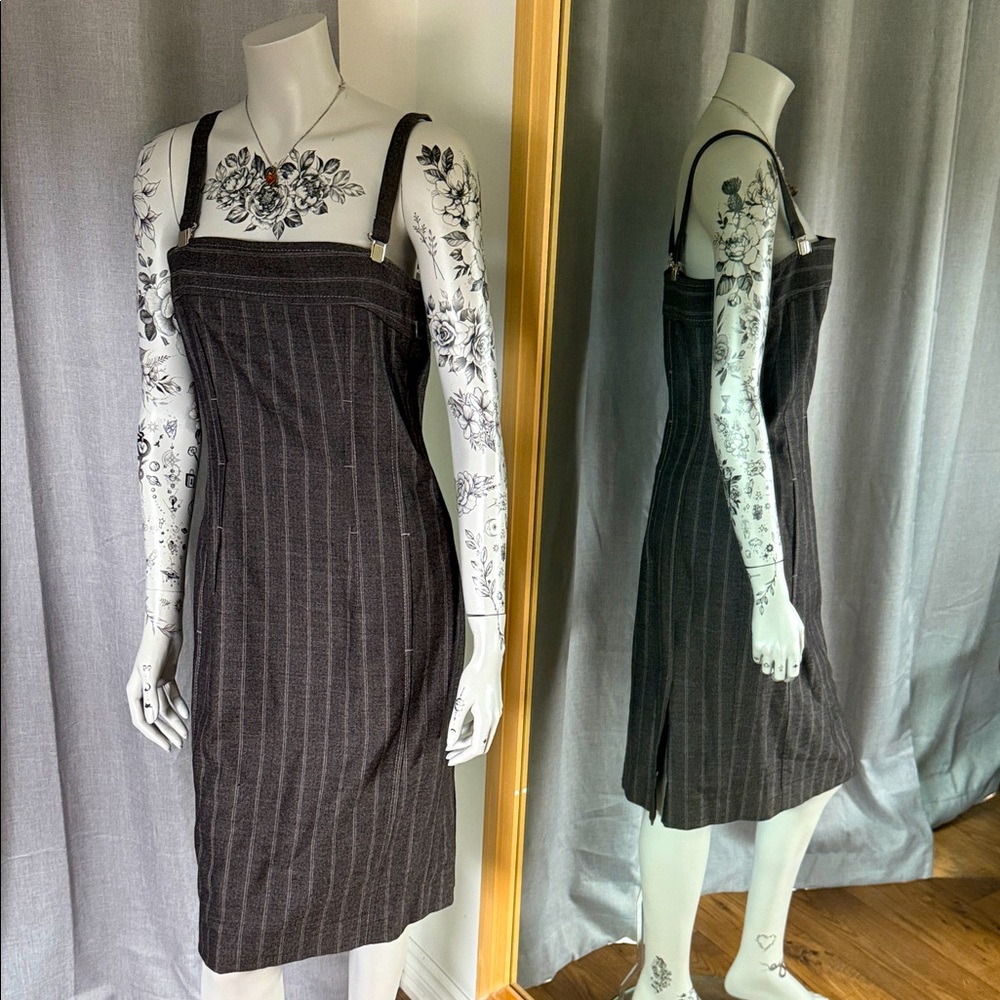 Pinstripe pencil dress suspender style straps dark grey gray